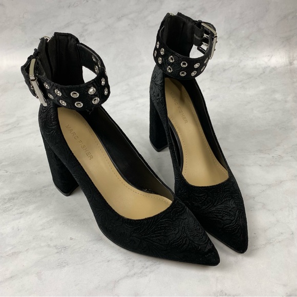 Marc Fisher Shoes - Marc Fisher: Dolanna Textured Suede Pointed Toe Zip Up Buckle Heels Black 7.5